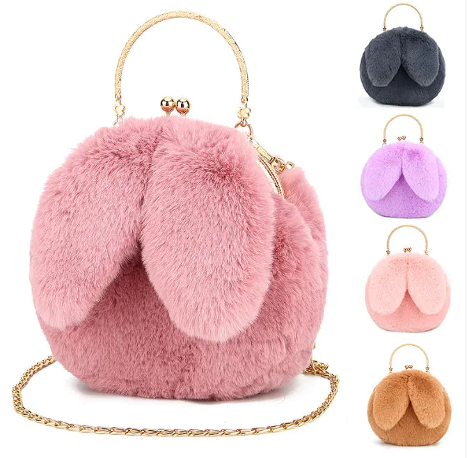 Sac à Main en Peluche avec Oreilles en Chaîne – Sac à bandoulière en Fausse Fourrure Mignon et Cartoon