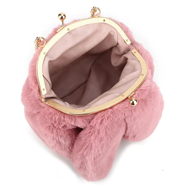 Sac à Main en Peluche avec Oreilles en Chaîne – Sac à bandoulière en Fausse Fourrure Mignon et Cartoon