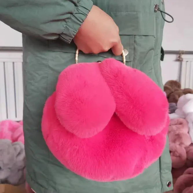 Sac à Main en Peluche avec Oreilles en Chaîne – Sac à bandoulière en Fausse Fourrure Mignon et Cartoon