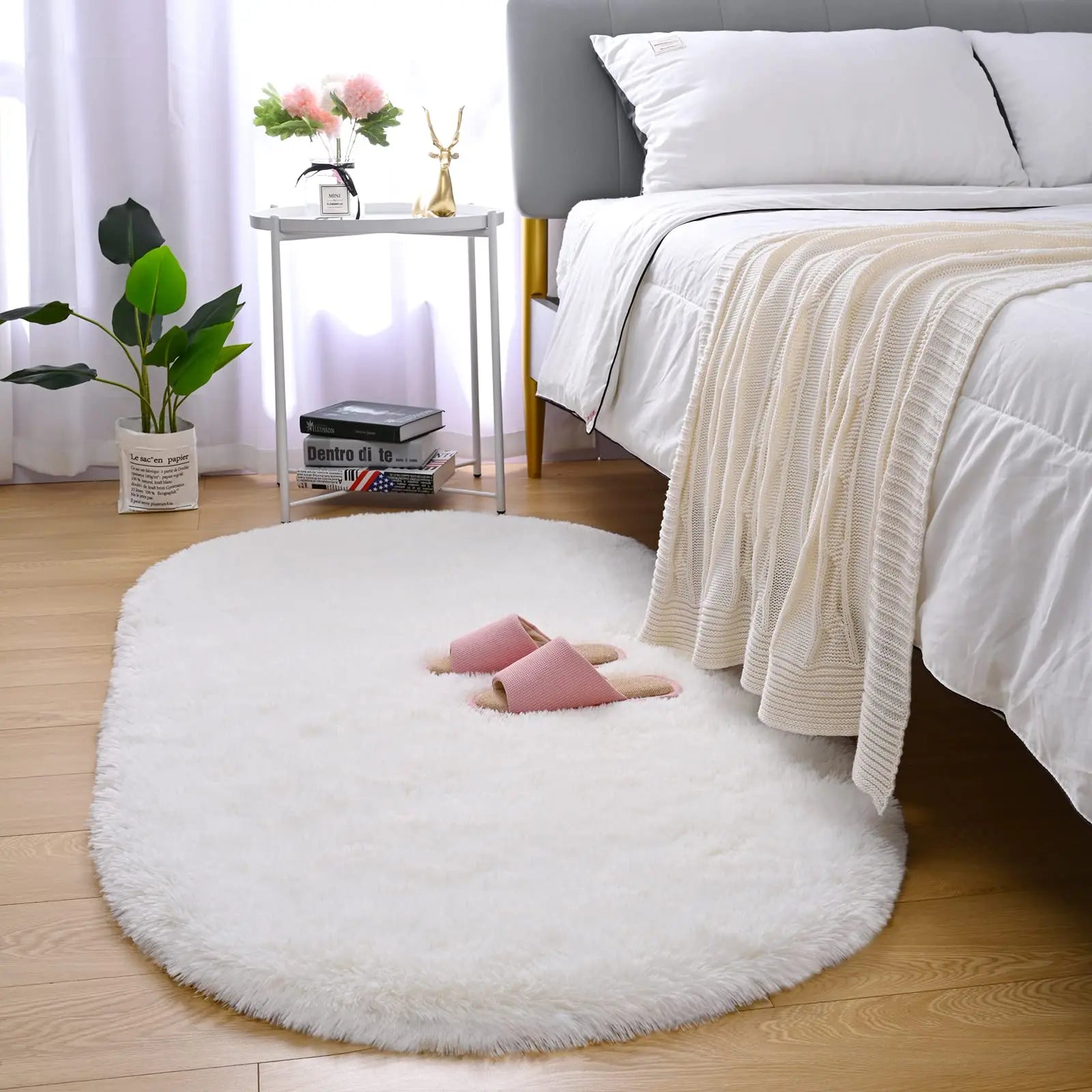 Tapis en peluche duveteux elliptique pour chambre d’enfant, salon, espace canapé, balcon – Tapis doux et soyeux pour chambre de fille, décoration intérieure.
