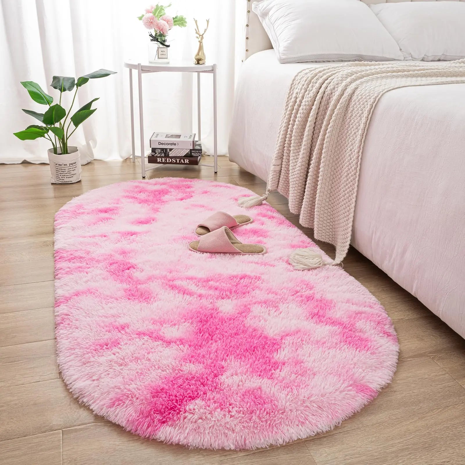 Tapis en peluche duveteux elliptique pour chambre d’enfant, salon, espace canapé, balcon – Tapis doux et soyeux pour chambre de fille, décoration intérieure.