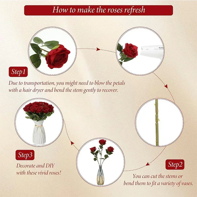 Lot de 50 Roses Artificielles en Velours – Fleurs au Toucher Réaliste | Roses Synthétiques pour DIY, Mariage, Saint-Valentin, Bouquets, Fêtes et Décoration Intérieure