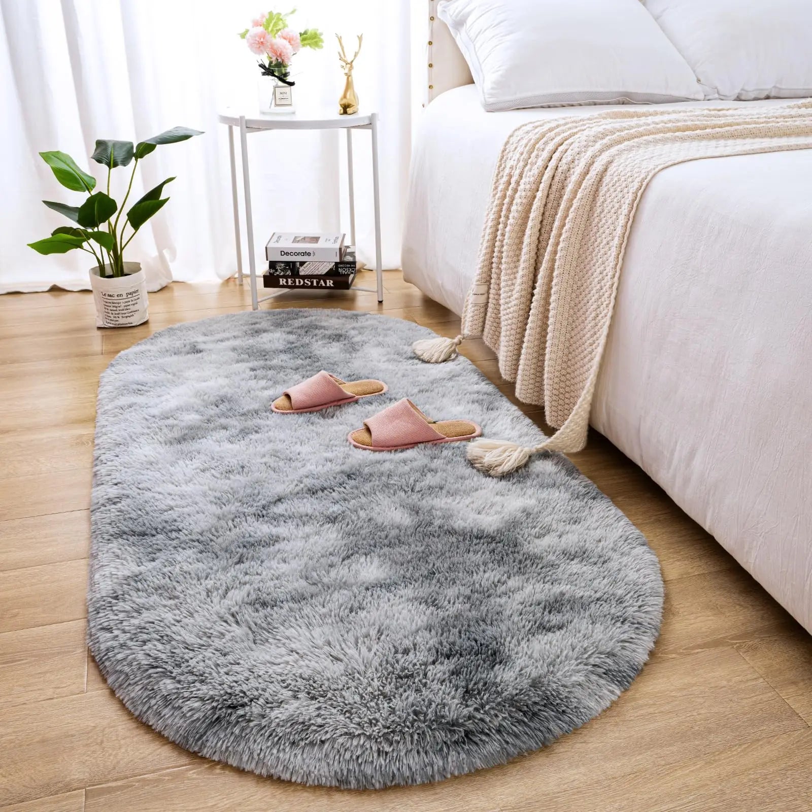 Tapis en peluche duveteux elliptique pour chambre d’enfant, salon, espace canapé, balcon – Tapis doux et soyeux pour chambre de fille, décoration intérieure.