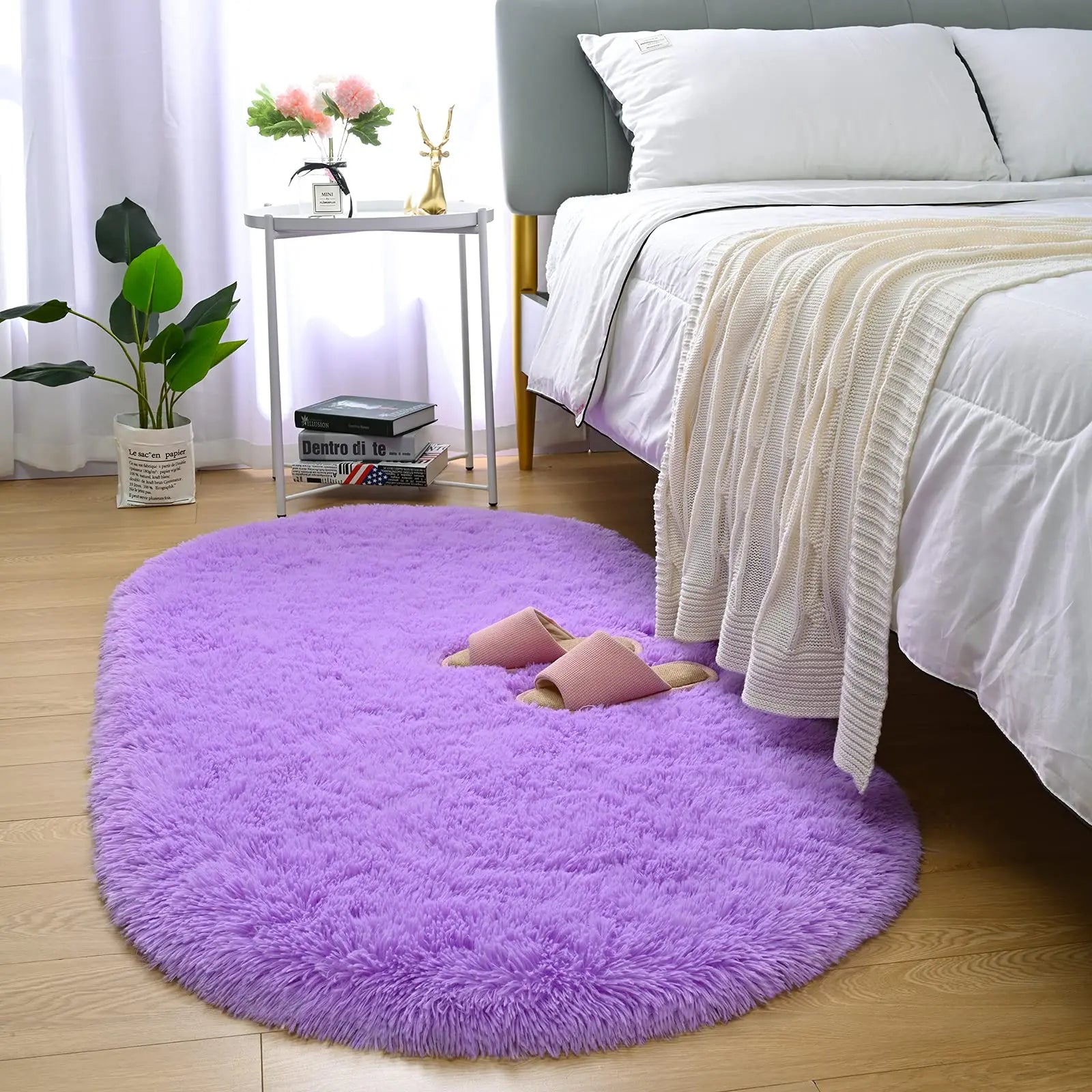 Tapis en peluche duveteux elliptique pour chambre d’enfant, salon, espace canapé, balcon – Tapis doux et soyeux pour chambre de fille, décoration intérieure.