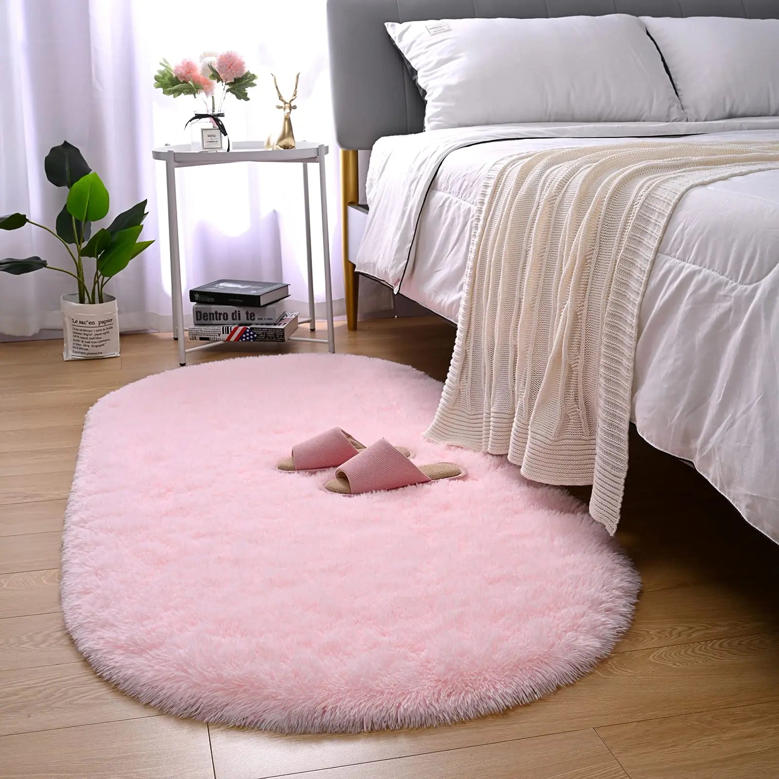 Tapis en peluche duveteux elliptique pour chambre d’enfant, salon, espace canapé, balcon – Tapis doux et soyeux pour chambre de fille, décoration intérieure.