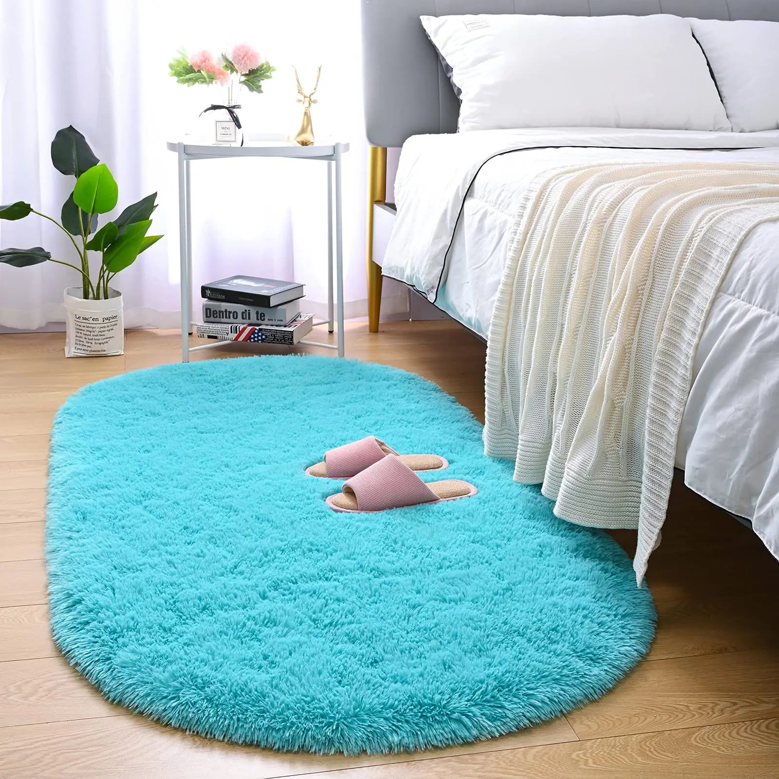 Tapis en peluche duveteux elliptique pour chambre d’enfant, salon, espace canapé, balcon – Tapis doux et soyeux pour chambre de fille, décoration intérieure.