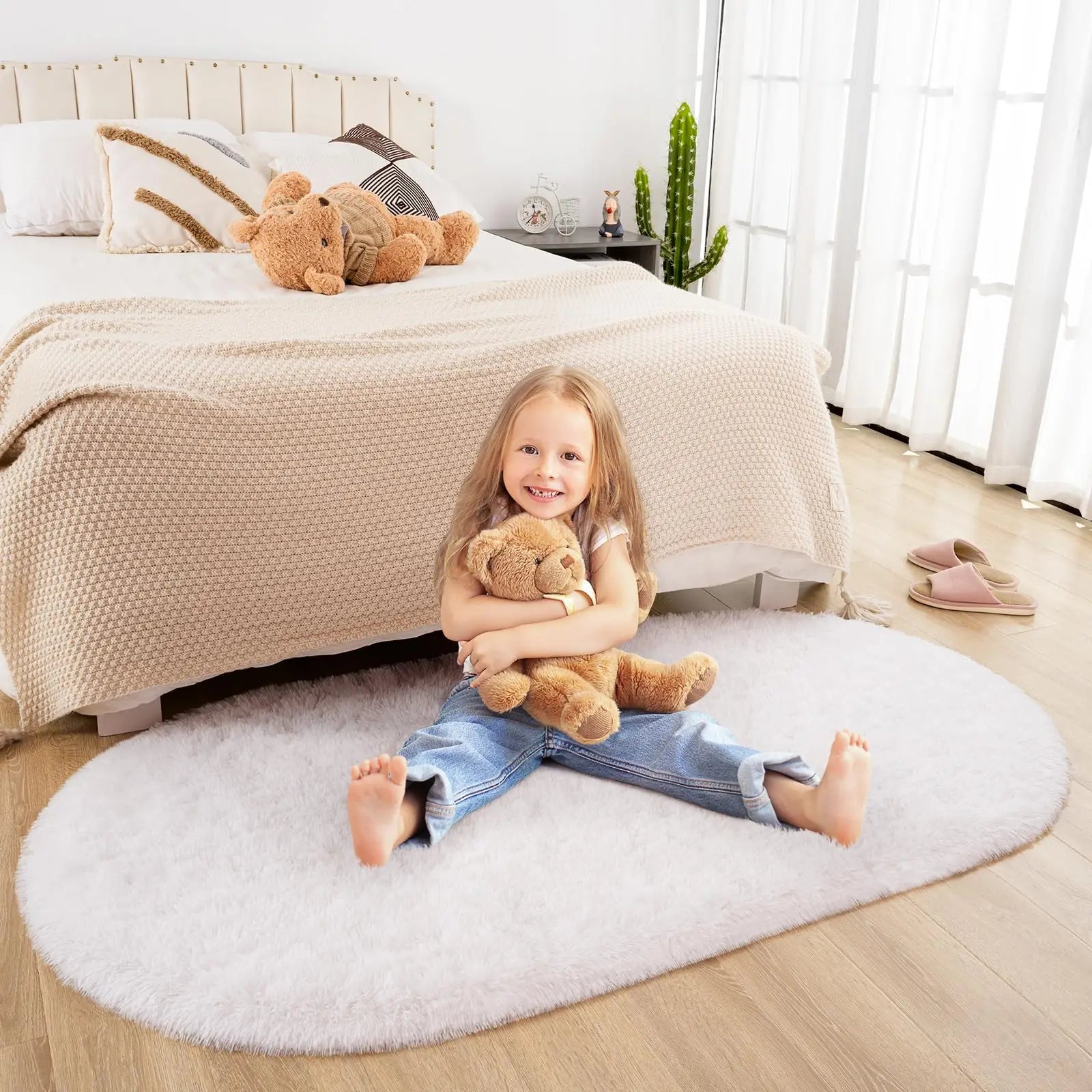 Tapis en peluche duveteux elliptique pour chambre d’enfant, salon, espace canapé, balcon – Tapis doux et soyeux pour chambre de fille, décoration intérieure.