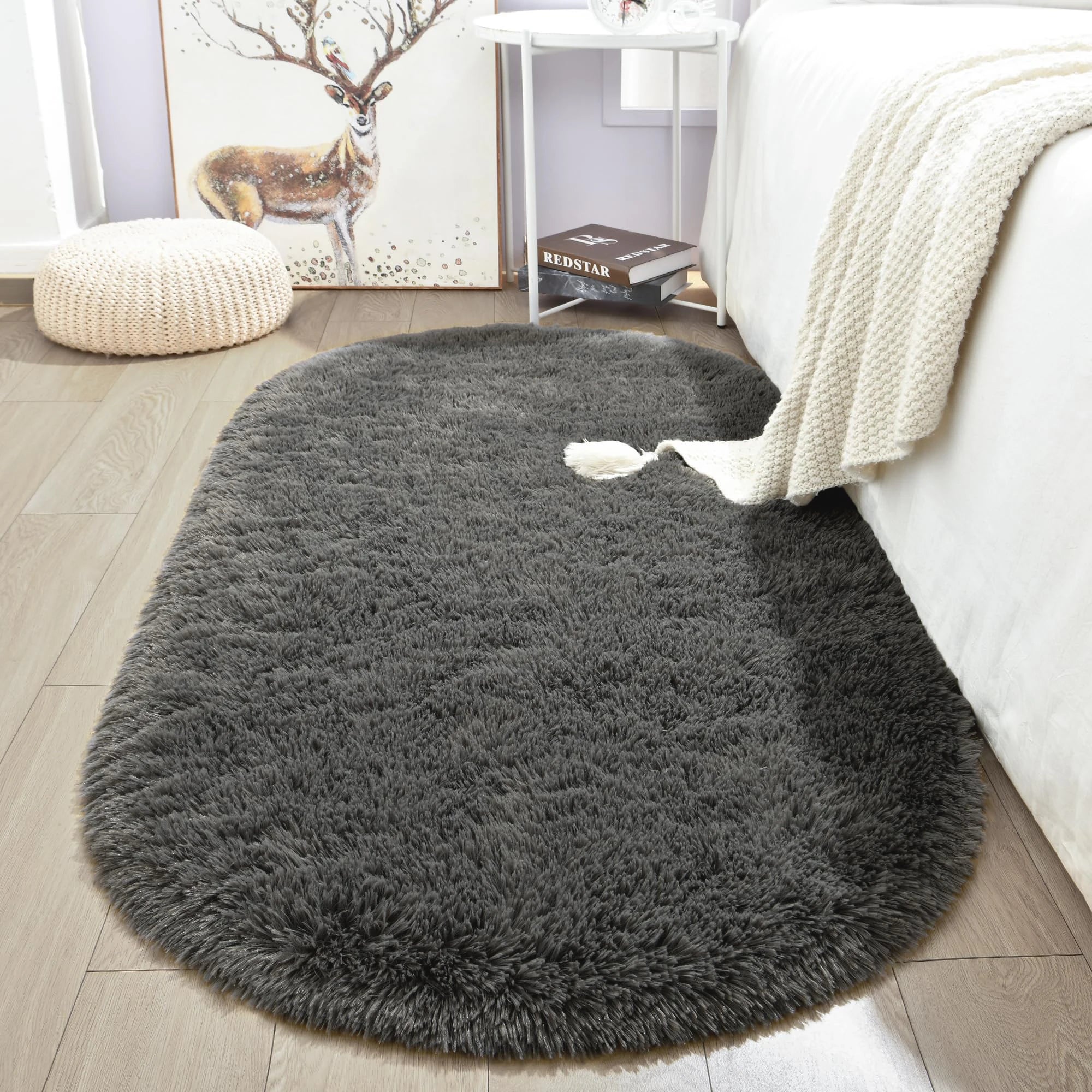 Tapis en peluche duveteux elliptique pour chambre d’enfant, salon, espace canapé, balcon – Tapis doux et soyeux pour chambre de fille, décoration intérieure.