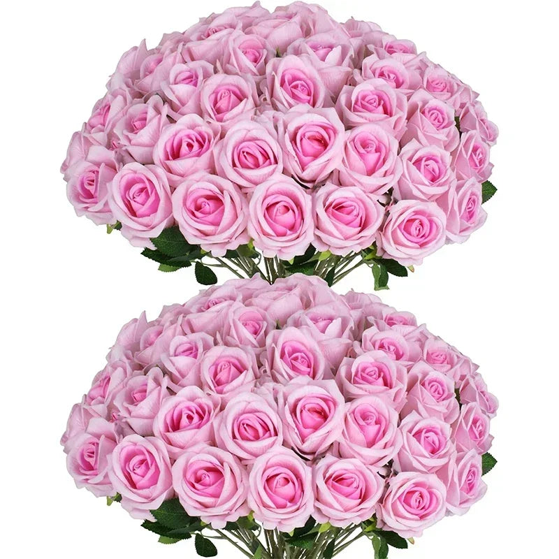 Lot de 50 Roses Artificielles en Velours – Fleurs au Toucher Réaliste | Roses Synthétiques pour DIY, Mariage, Saint-Valentin, Bouquets, Fêtes et Décoration Intérieure
