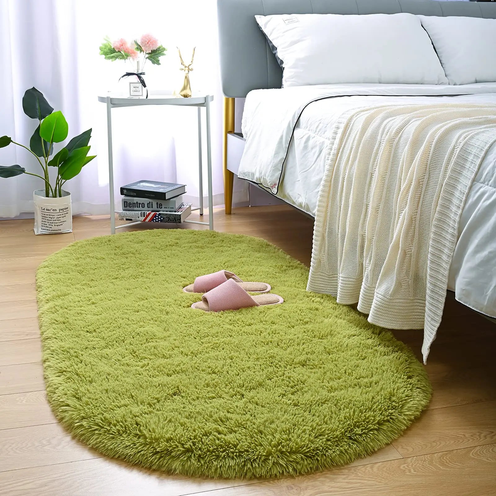Tapis en peluche duveteux elliptique pour chambre d’enfant, salon, espace canapé, balcon – Tapis doux et soyeux pour chambre de fille, décoration intérieure.