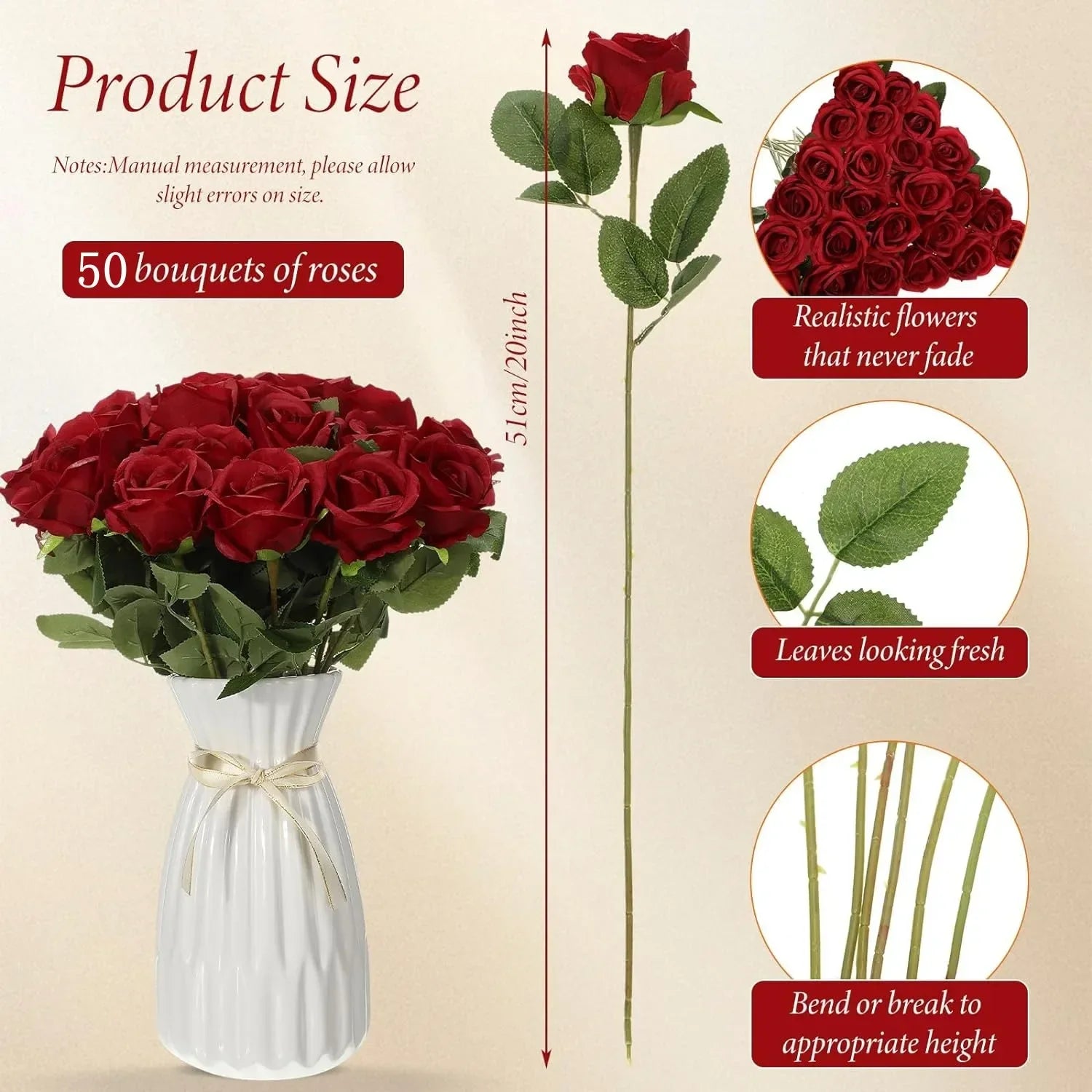 Lot de 50 Roses Artificielles en Velours – Fleurs au Toucher Réaliste | Roses Synthétiques pour DIY, Mariage, Saint-Valentin, Bouquets, Fêtes et Décoration Intérieure