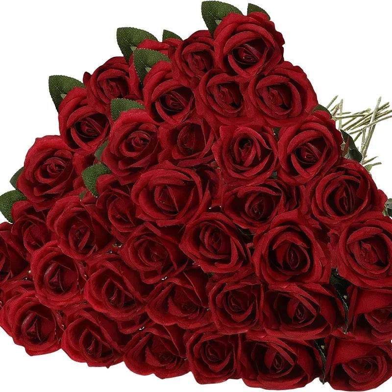 Lot de 50 Roses Artificielles en Velours – Fleurs au Toucher Réaliste | Roses Synthétiques pour DIY, Mariage, Saint-Valentin, Bouquets, Fêtes et Décoration Intérieure