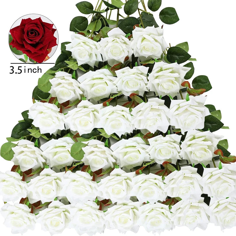 Lot de 50 Roses Artificielles en Velours – Fleurs au Toucher Réaliste | Roses Synthétiques pour DIY, Mariage, Saint-Valentin, Bouquets, Fêtes et Décoration Intérieure