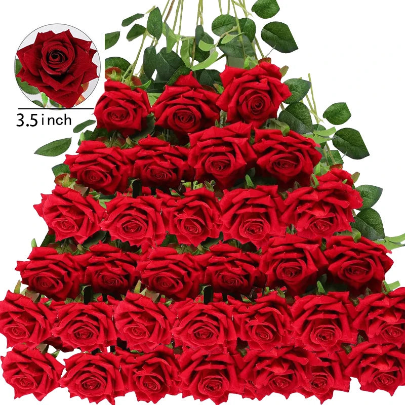 Lot de 50 Roses Artificielles en Velours – Fleurs au Toucher Réaliste | Roses Synthétiques pour DIY, Mariage, Saint-Valentin, Bouquets, Fêtes et Décoration Intérieure