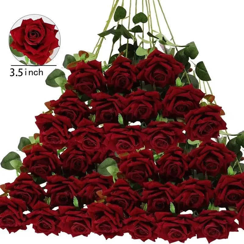 Lot de 50 Roses Artificielles en Velours – Fleurs au Toucher Réaliste | Roses Synthétiques pour DIY, Mariage, Saint-Valentin, Bouquets, Fêtes et Décoration Intérieure