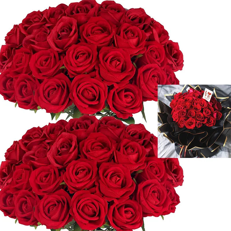 Lot de 50 Roses Artificielles en Velours – Fleurs au Toucher Réaliste | Roses Synthétiques pour DIY, Mariage, Saint-Valentin, Bouquets, Fêtes et Décoration Intérieure