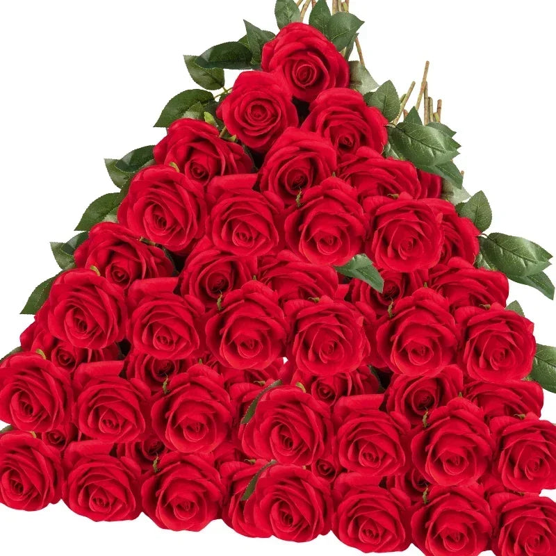 Lot de 50 Roses Artificielles en Velours – Fleurs au Toucher Réaliste | Roses Synthétiques pour DIY, Mariage, Saint-Valentin, Bouquets, Fêtes et Décoration Intérieure